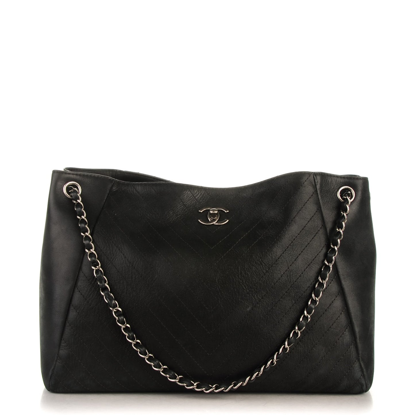 Iridescent Nubuck Chevron Quilted Supple Rock Large Shopping Tote Black