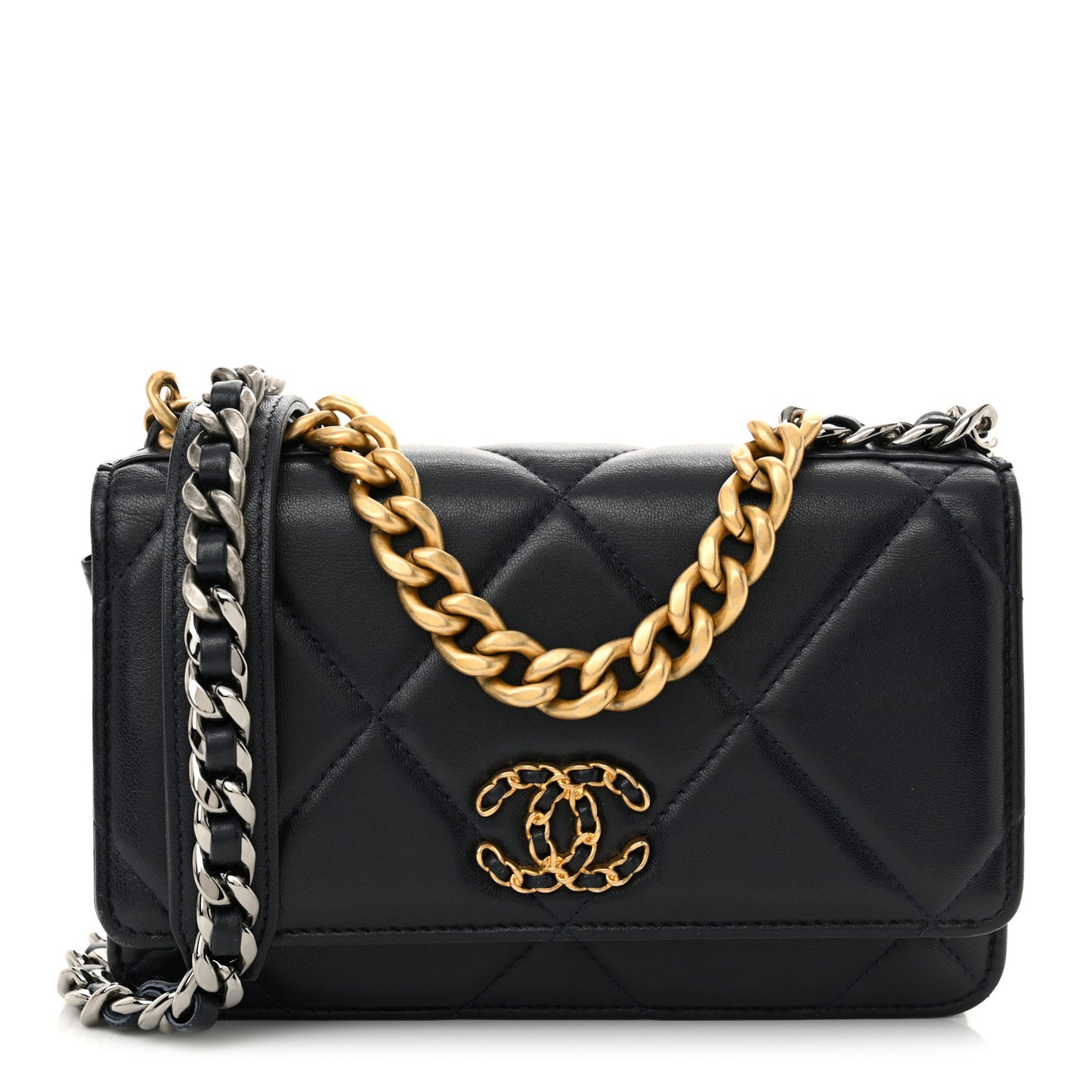Lambskin Quilted Chanel 19 Wallet On Chain WOC Navy Blue