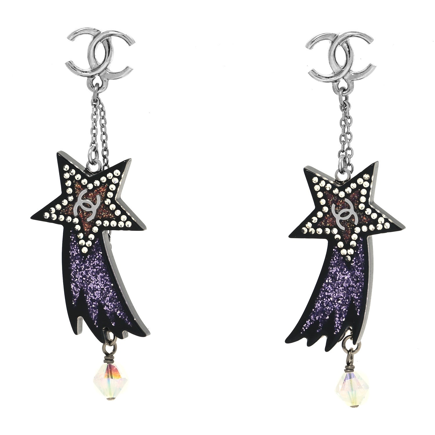 Chanel Resin Crystal CC Shooting Star Dangle Earrings Silver Purple 1 of 4