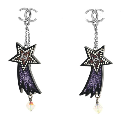 Chanel Resin Crystal CC Shooting Star Dangle Earrings Silver Purple 1 of 4
