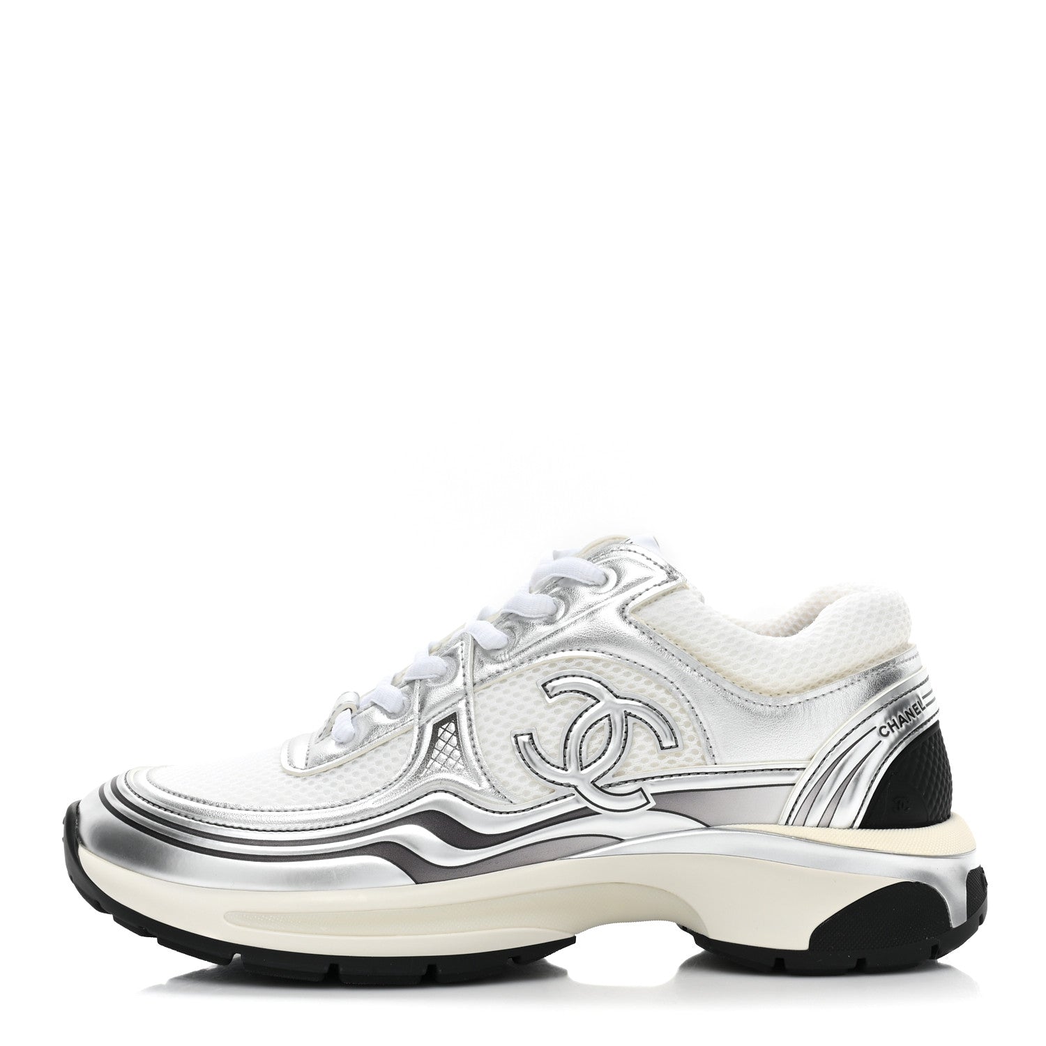 Chanel Fabric Laminated Calfskin Stretch CC Womens Sneakers 38.5 White Silver 1 of 9