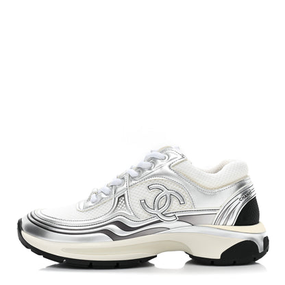 Chanel Fabric Laminated Calfskin Stretch CC Womens Sneakers 38.5 White Silver 1 of 9