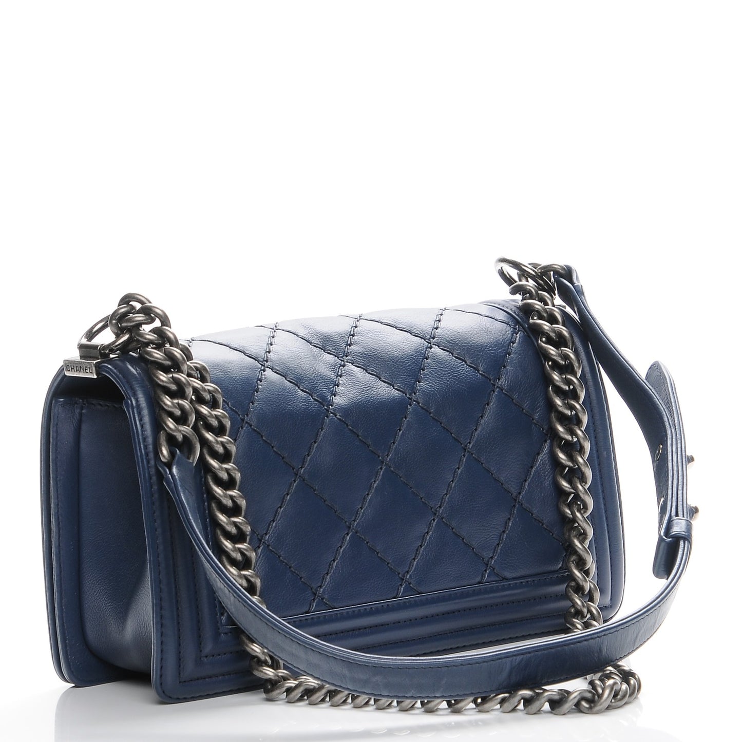 Calfskin Double Stitch Medium Boy Flap Navy Blue