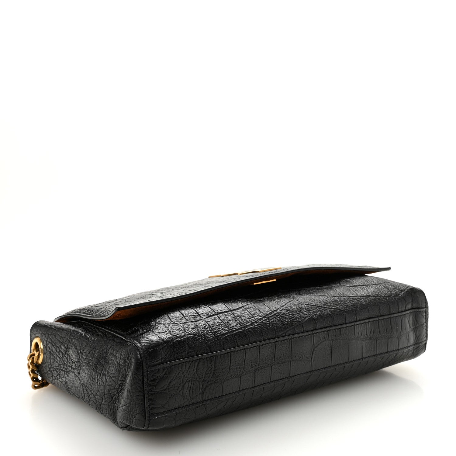 Saint Laurent Calfskin Crocodile Embossed Suede Medium Reversible Monogram Kate Satchel Military Taupe 6 of 16