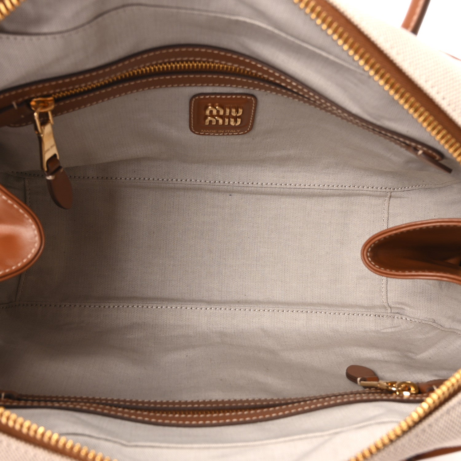 Miu Miu Canvas Calfskin Large Beau Top Handle Bag Naturale Brandy 5 of 9
