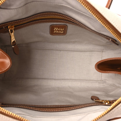 Miu Miu Canvas Calfskin Large Beau Top Handle Bag Naturale Brandy 5 of 9