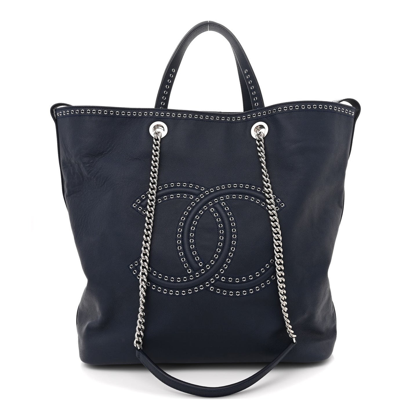 Grained Calfskin Large Coco Eyelets Shopping Tote Navy