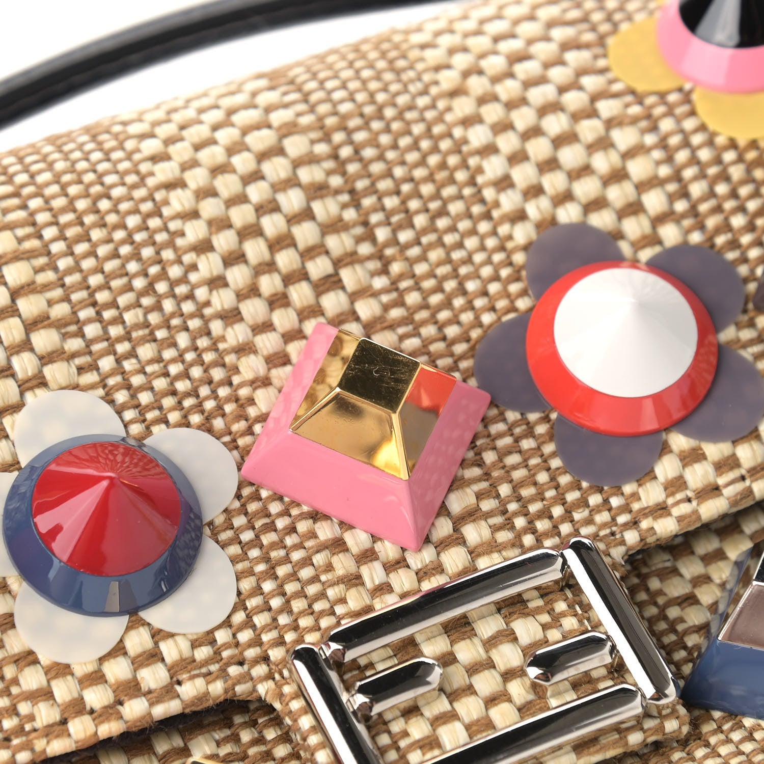 Fendi Paglia Vitello Dolce Paillettes Flowerland Studded Striped Micro Double Baguette Natural Multicolor 9 of 9