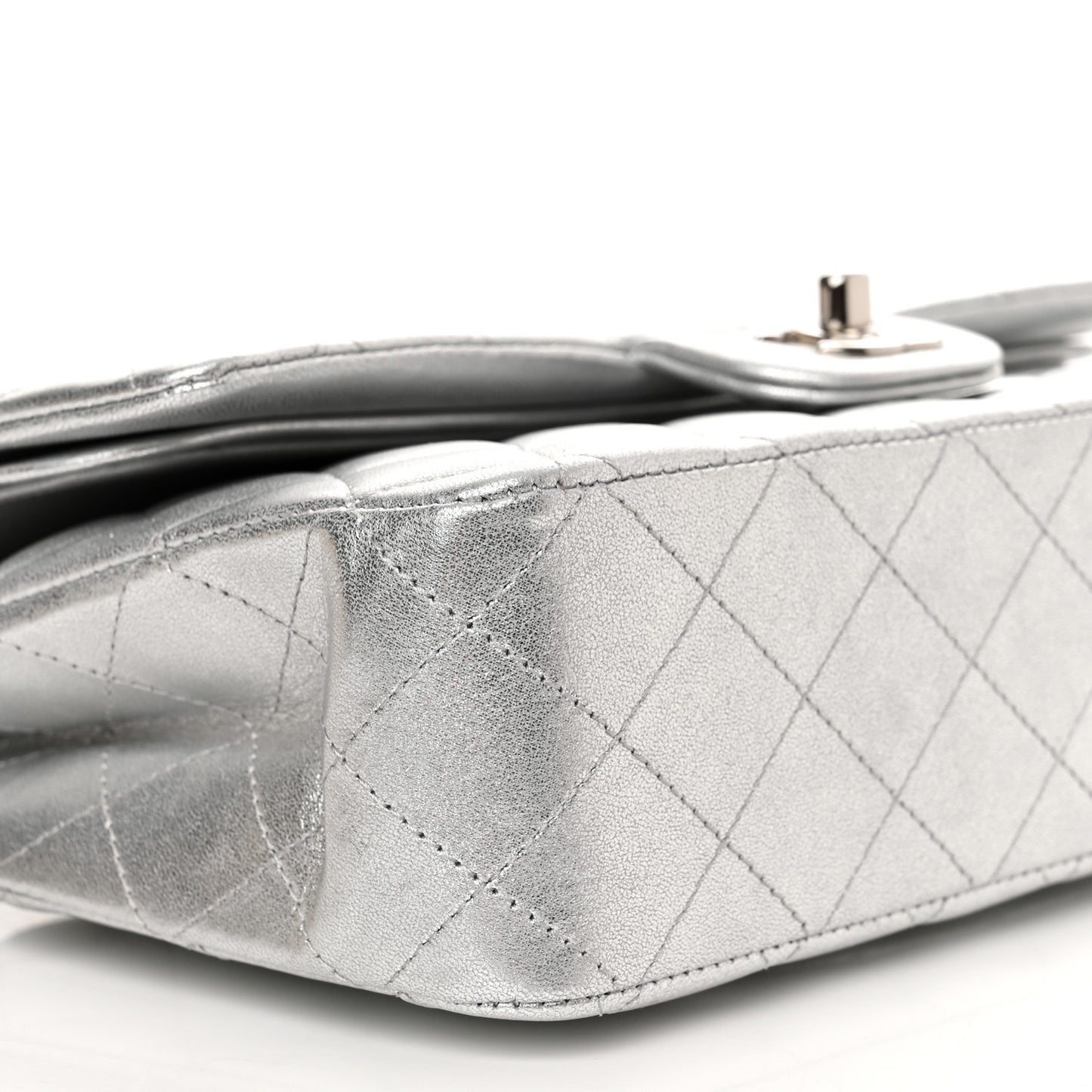 Metallic Lambskin Quilted Medium Double Flap Silver