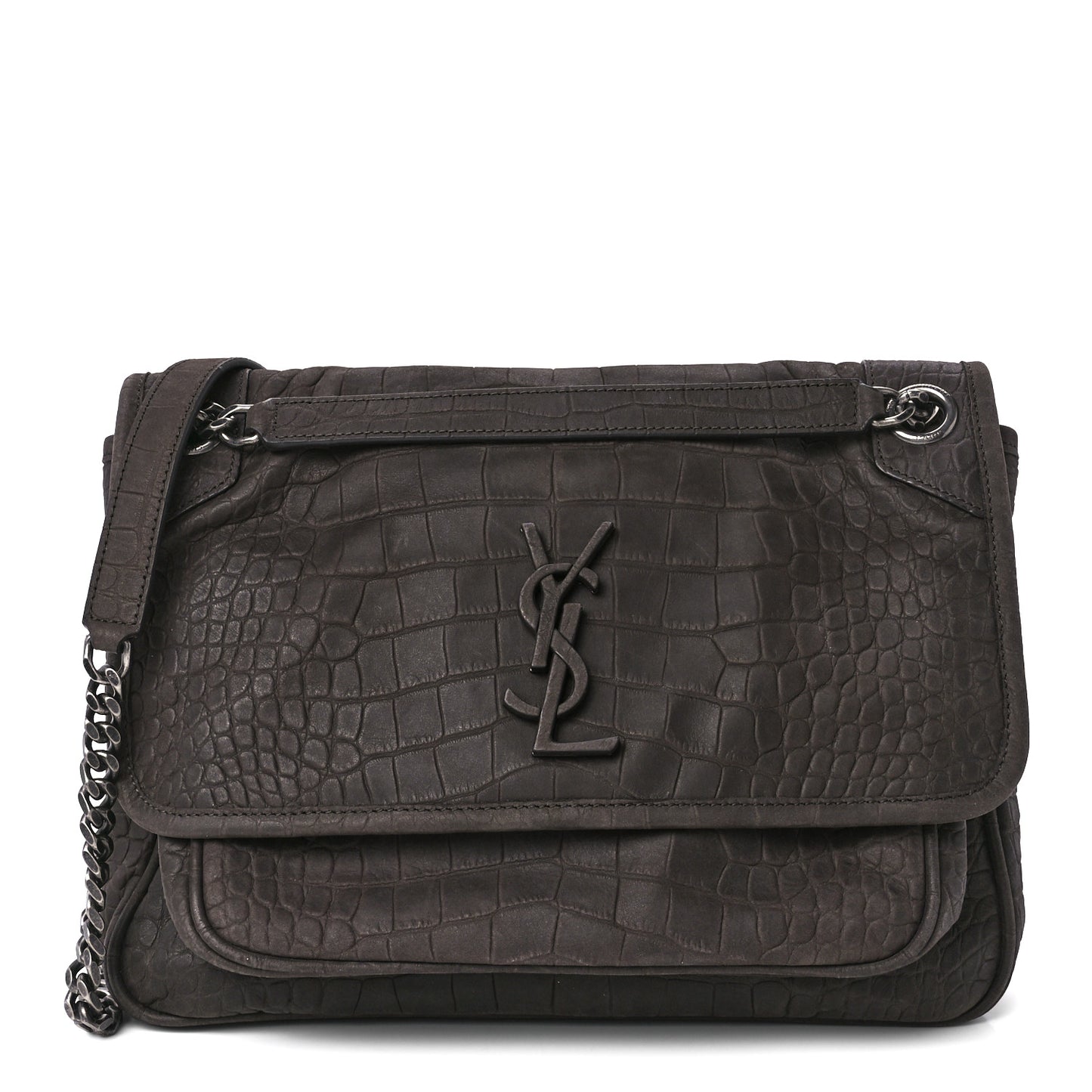 Nubuck Crocodile Embossed Monogram Medium Niki Chain Satchel Wood