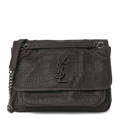 Saint Laurent Nubuck Crocodile Embossed Monogram Medium Niki Chain Satchel Wood 1 of 12
