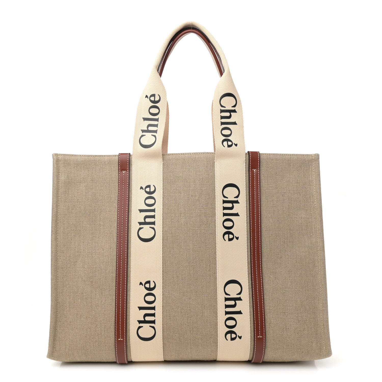 Chloe Cotton Calfskin Large Woody Ribbon Tote White Brown 1 of 12