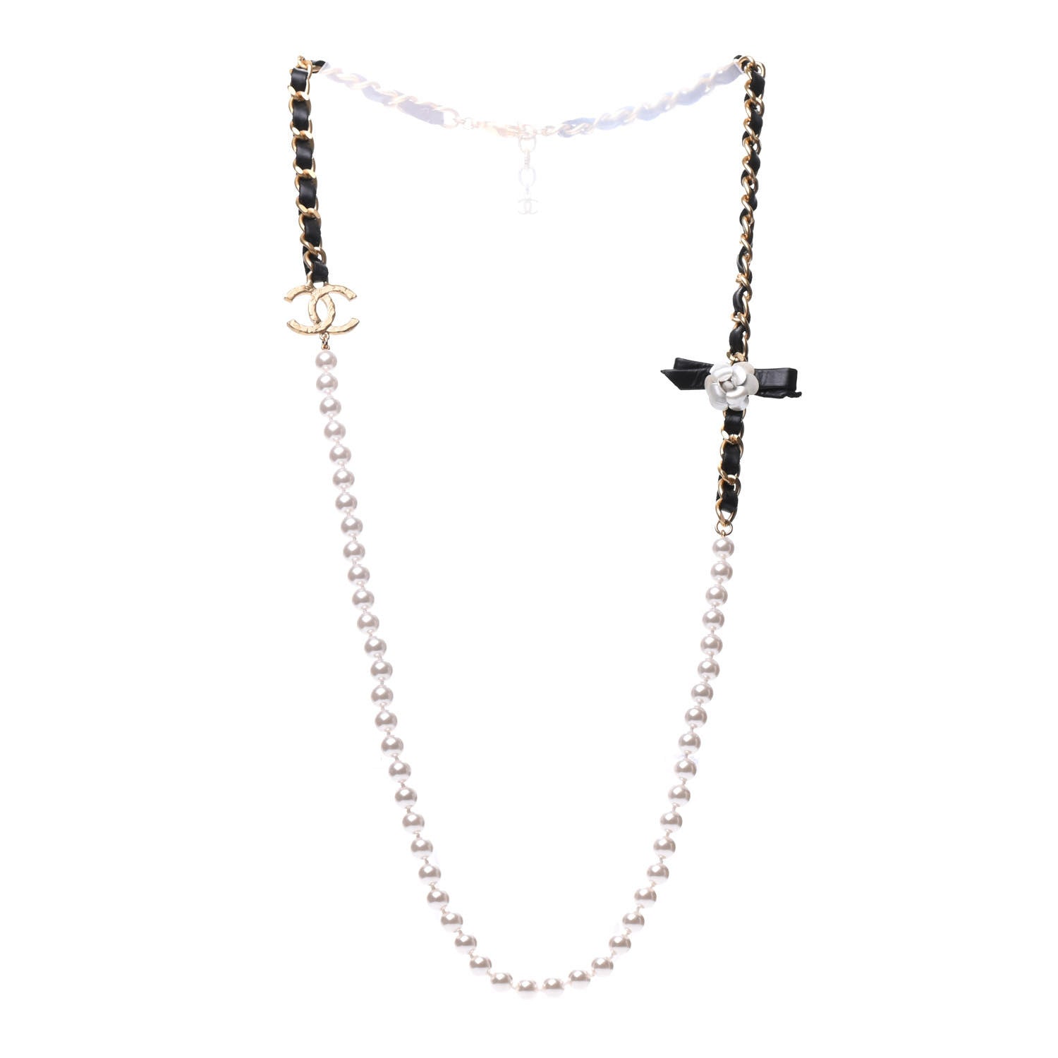 Chanel Pearl Lambskin CC Camellia Necklace Black Gold 3 of 7