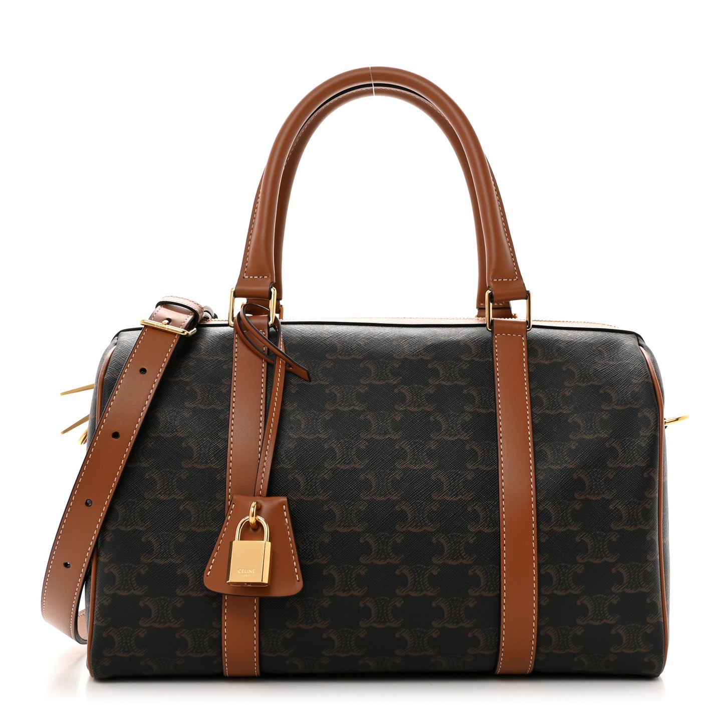 Triomphe Canvas Calfskin Boston Bag Tan