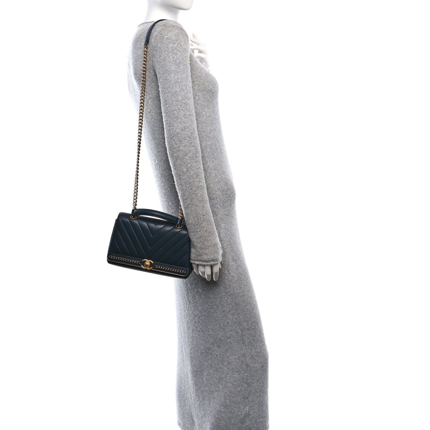 Sheepskin Chevron Stitched Chain Top Handle Flap Blue