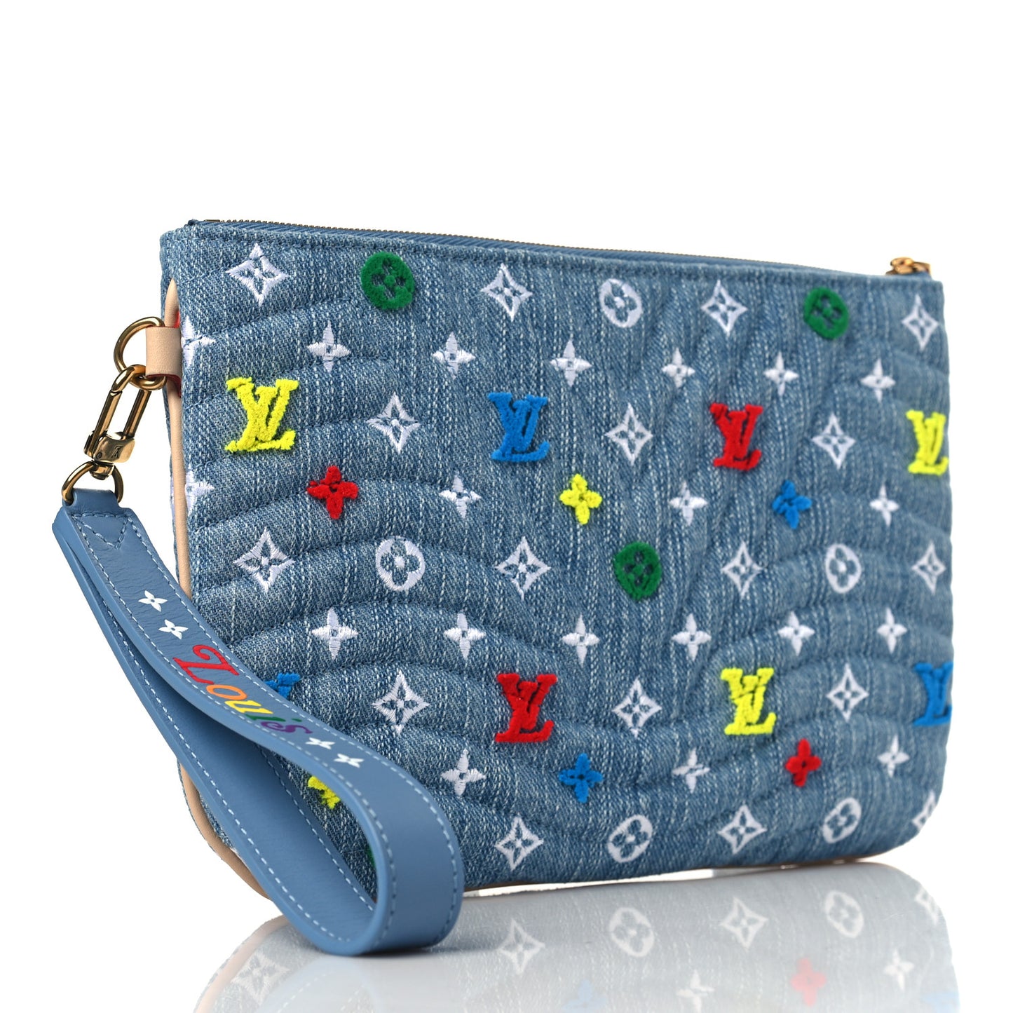 Embroidered Monogram Denim New Wave Zipped Pochette Blue