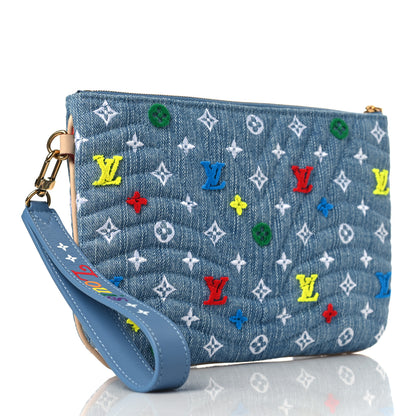 Louis Vuitton Embroidered Monogram Denim New Wave Zipped Pochette Blue 3 of 7