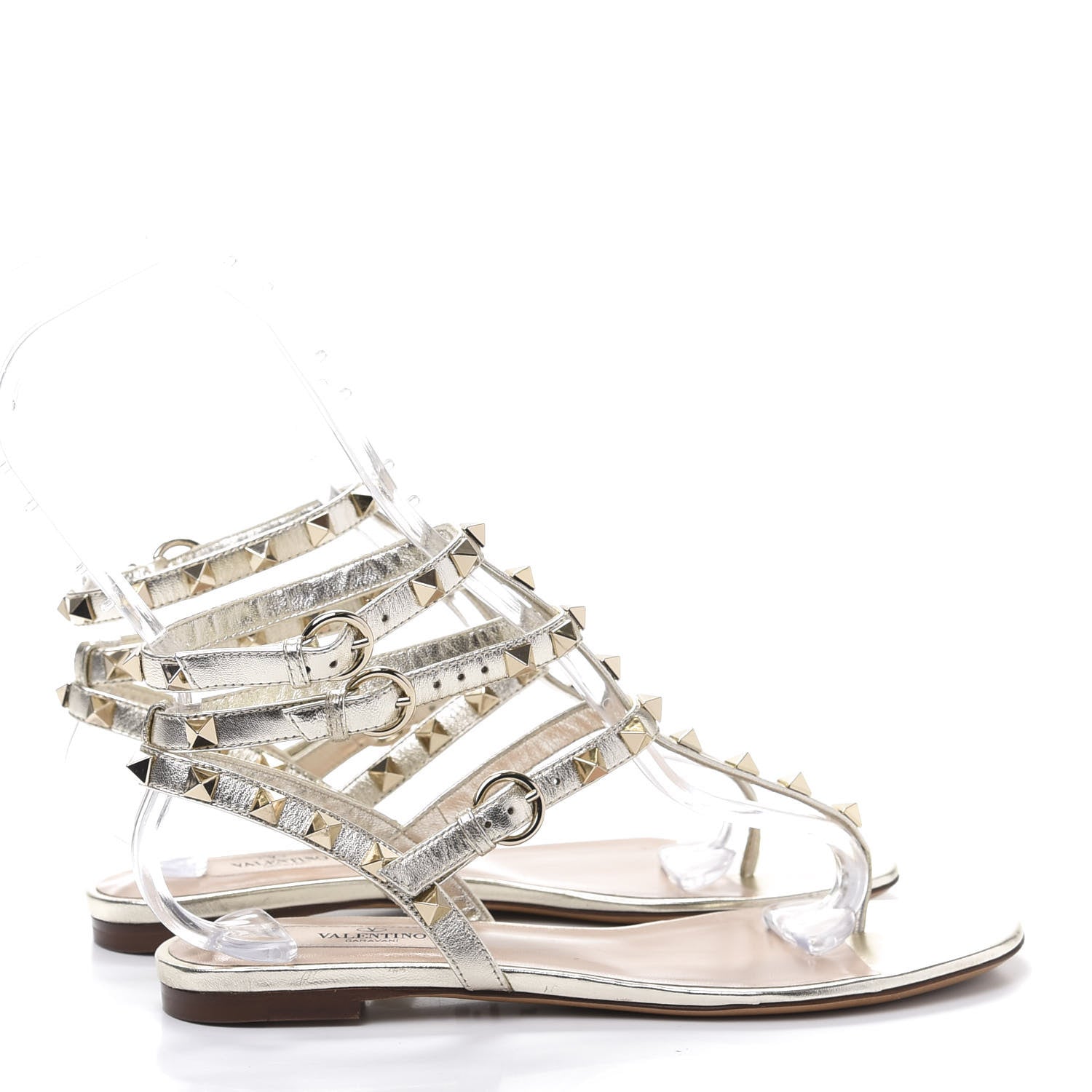 Valentino Garavani Metallic Nappa Rockstud Ankle Wrap Flat Thong Sandals 36 Platino 4 of 9