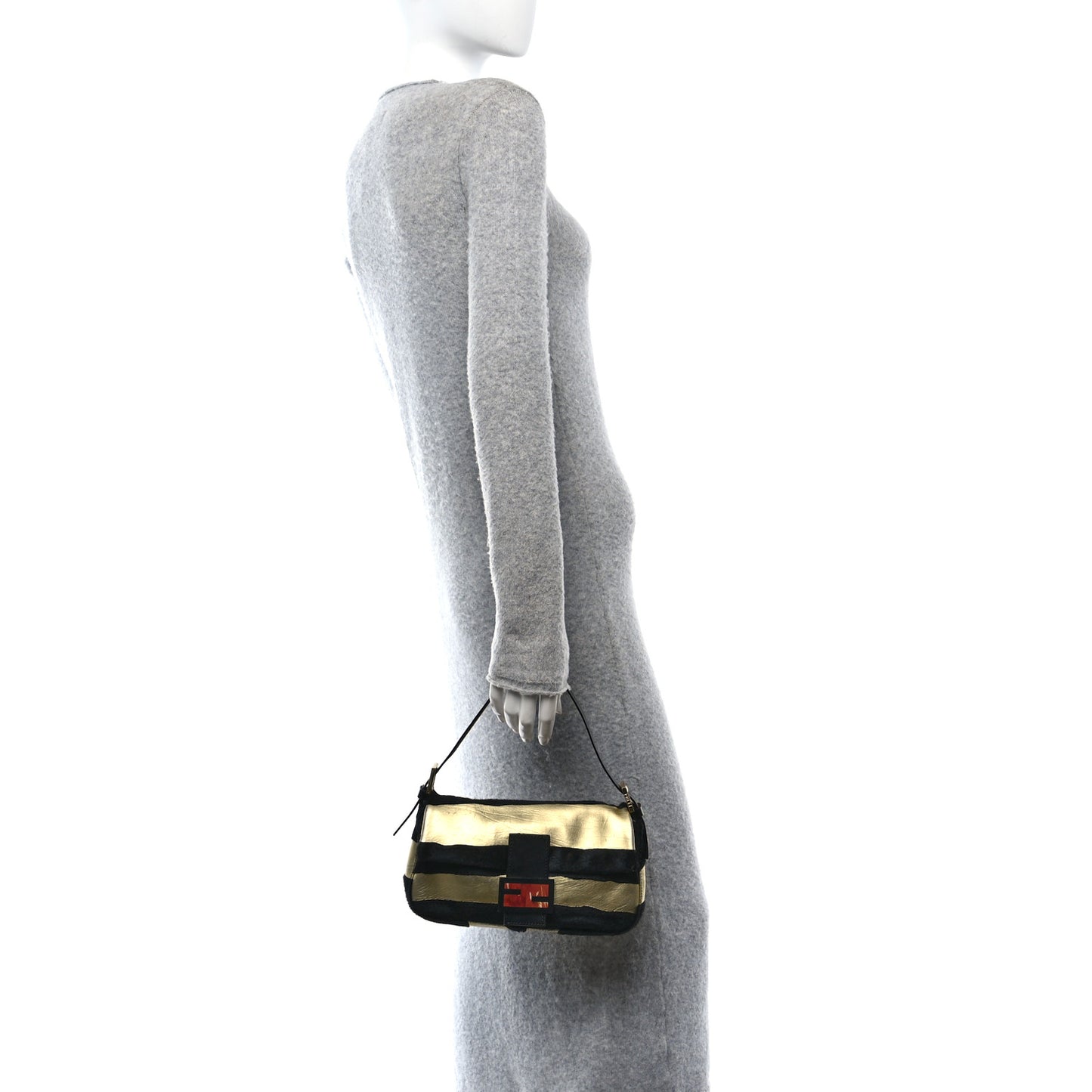 Metallic Calfskin Calf Hair Baguette Black Gold
