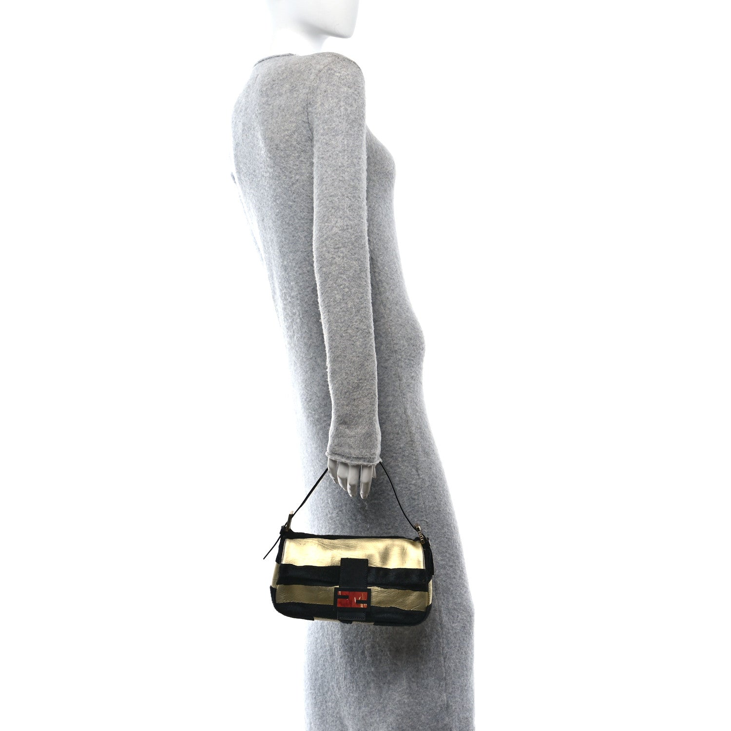 Fendi Metallic Calfskin Calf Hair Baguette Black Gold 2 of 9