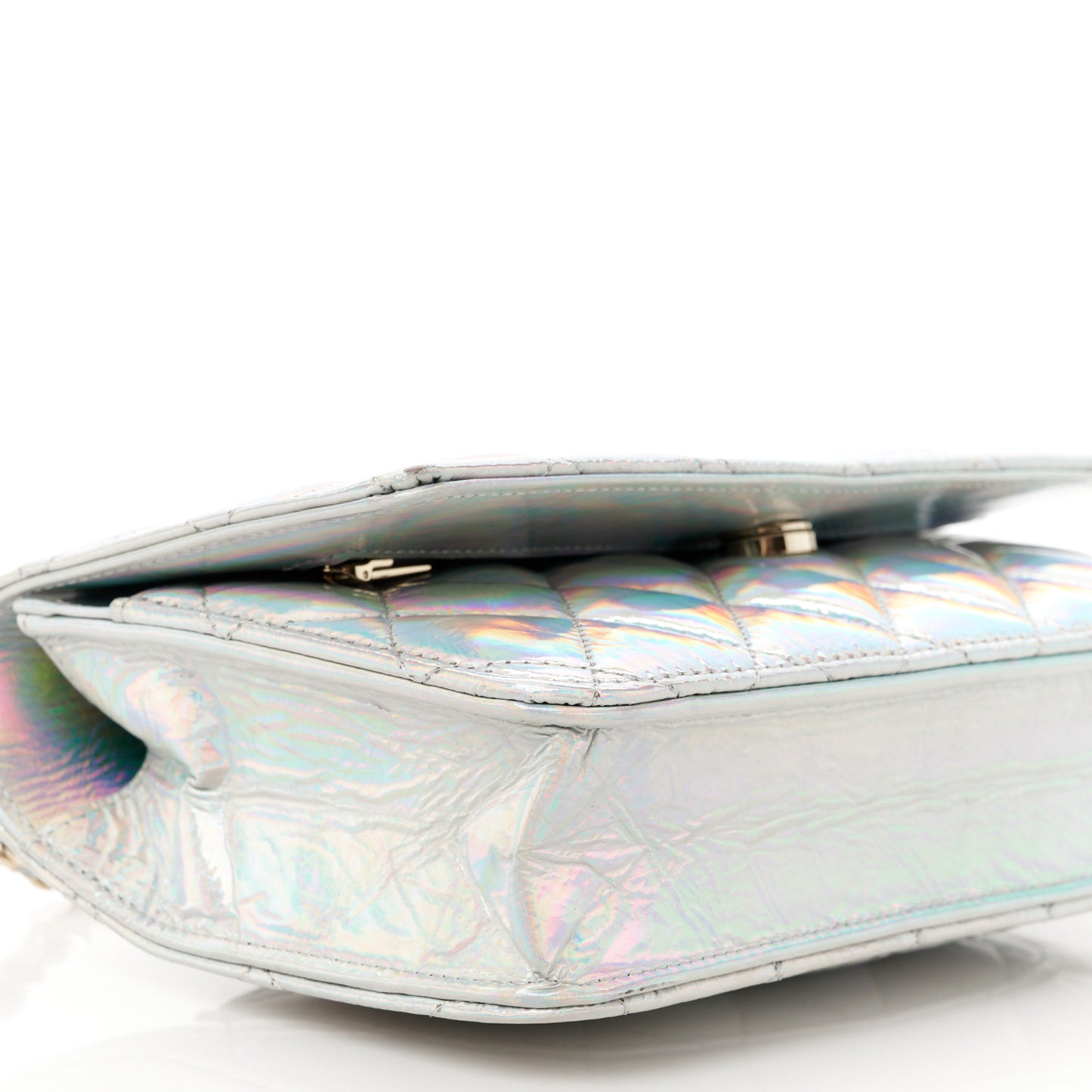 Iridescent Goatskin Quilted Wallet On Chain WOC Silver