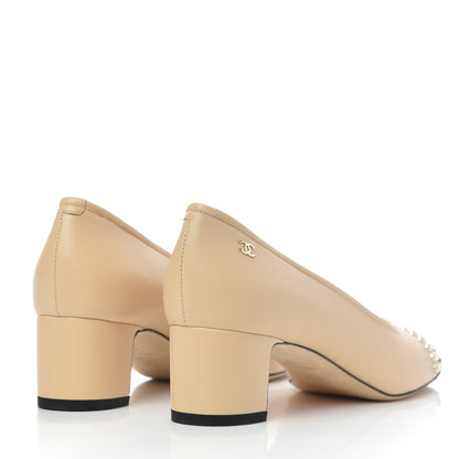 Chanel Lambskin Grosgrain Pearl Cap Toe CC Pumps 37 Beige Black 4 of 10