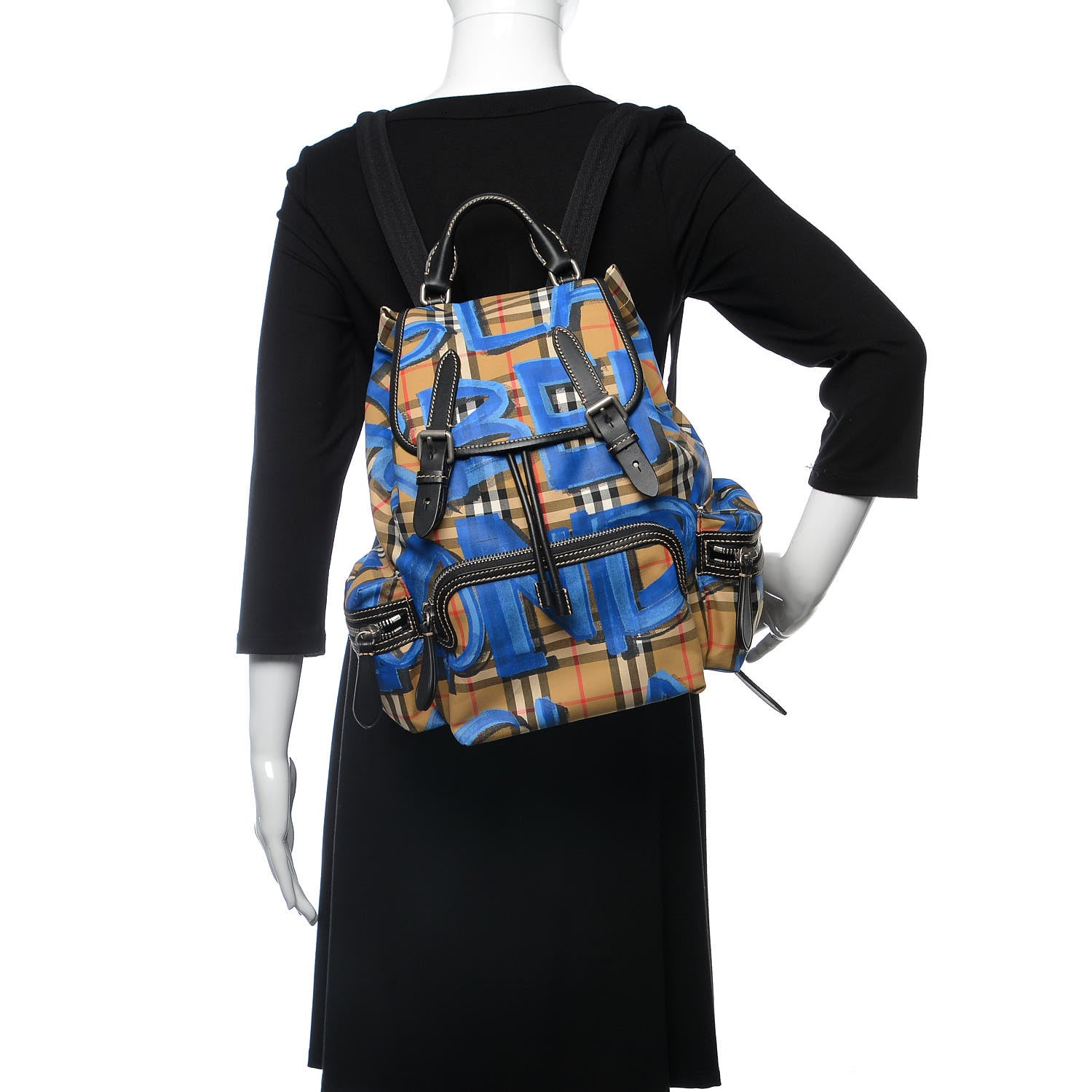 Burberry Vintage Check Graffiti Print Medium Rucksack Backpack Blue Antique Yellow 2 of 9