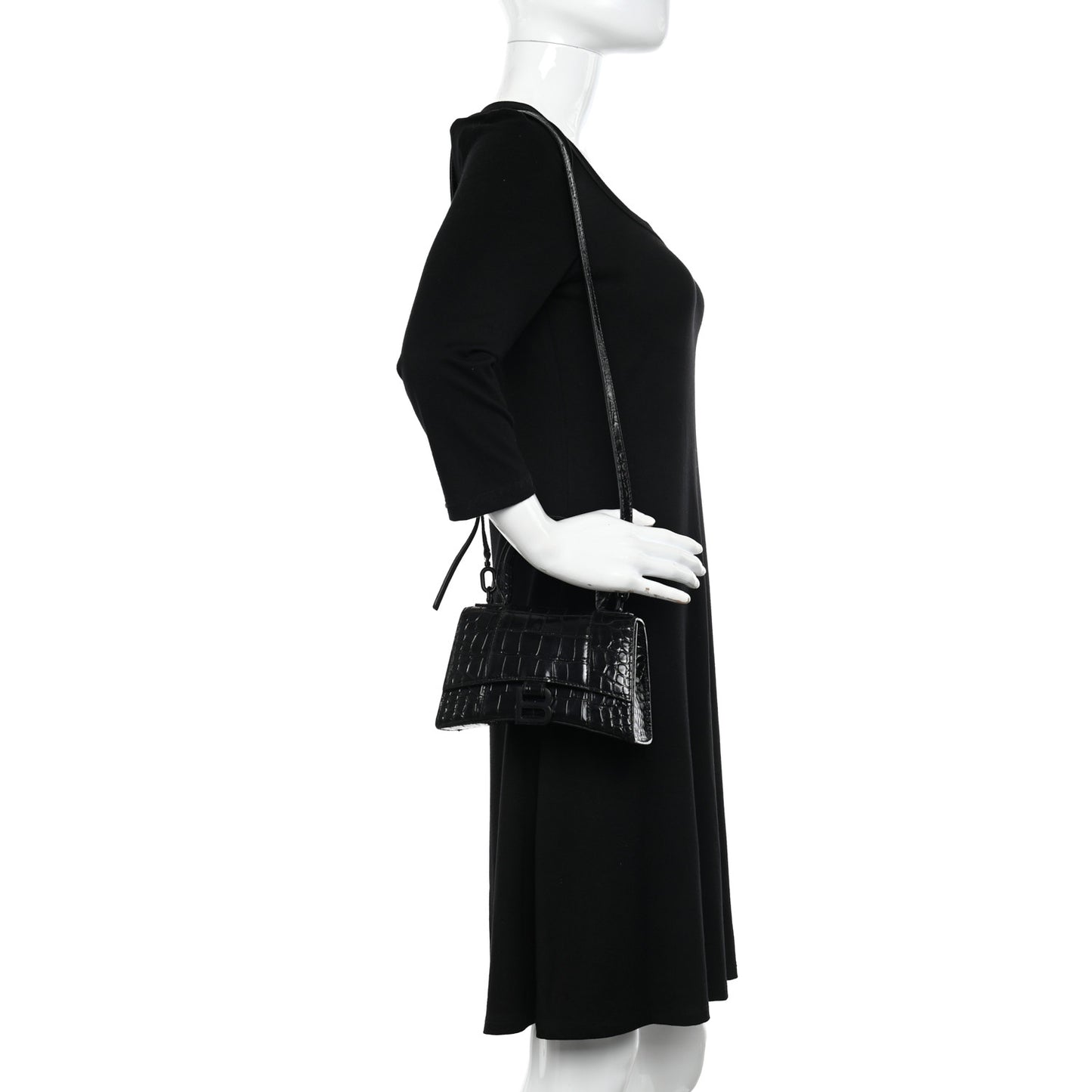 Shiny Calfskin Monochrome Crocodile Embossed Hourglass Top Handle Bag XS Black