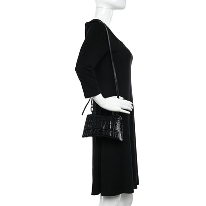 Balenciaga Shiny Calfskin Monochrome Crocodile Embossed Hourglass Top Handle Bag XS Black 2 of 11