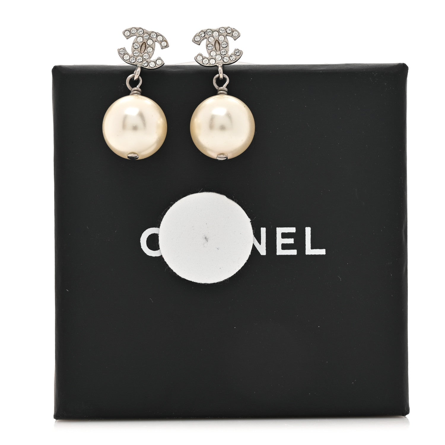 Chanel Crystal Pearl CC Drop Earrings Silver Pearly White 7 of 7