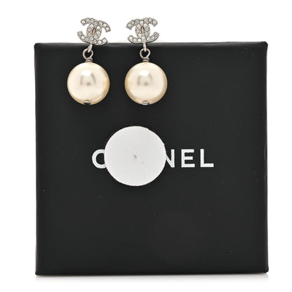 Chanel Crystal Pearl CC Drop Earrings Silver Pearly White 7 of 7