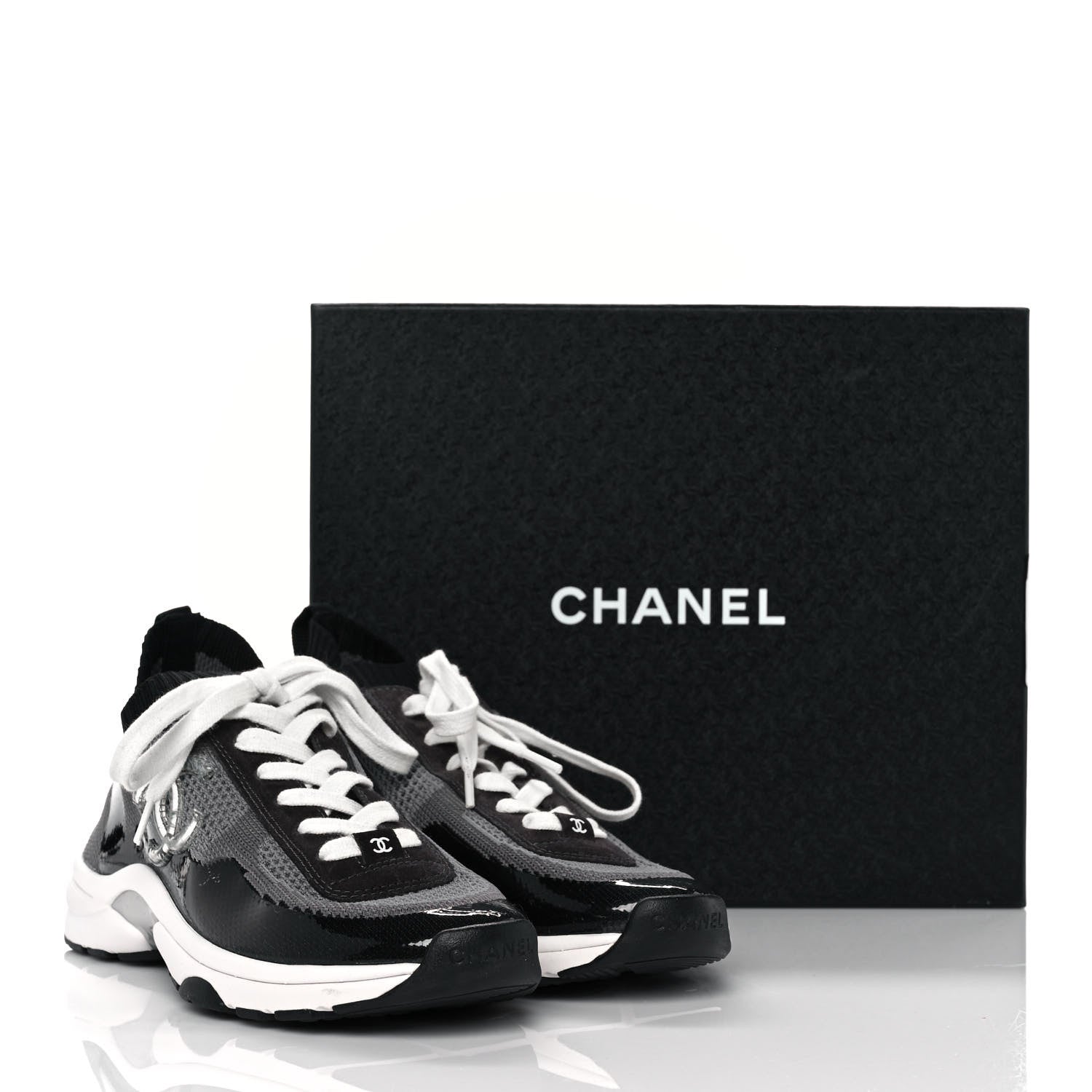 Chanel Mesh Suede Fabric Womens CC Sneakers 39 Grey White Black 8 of 8