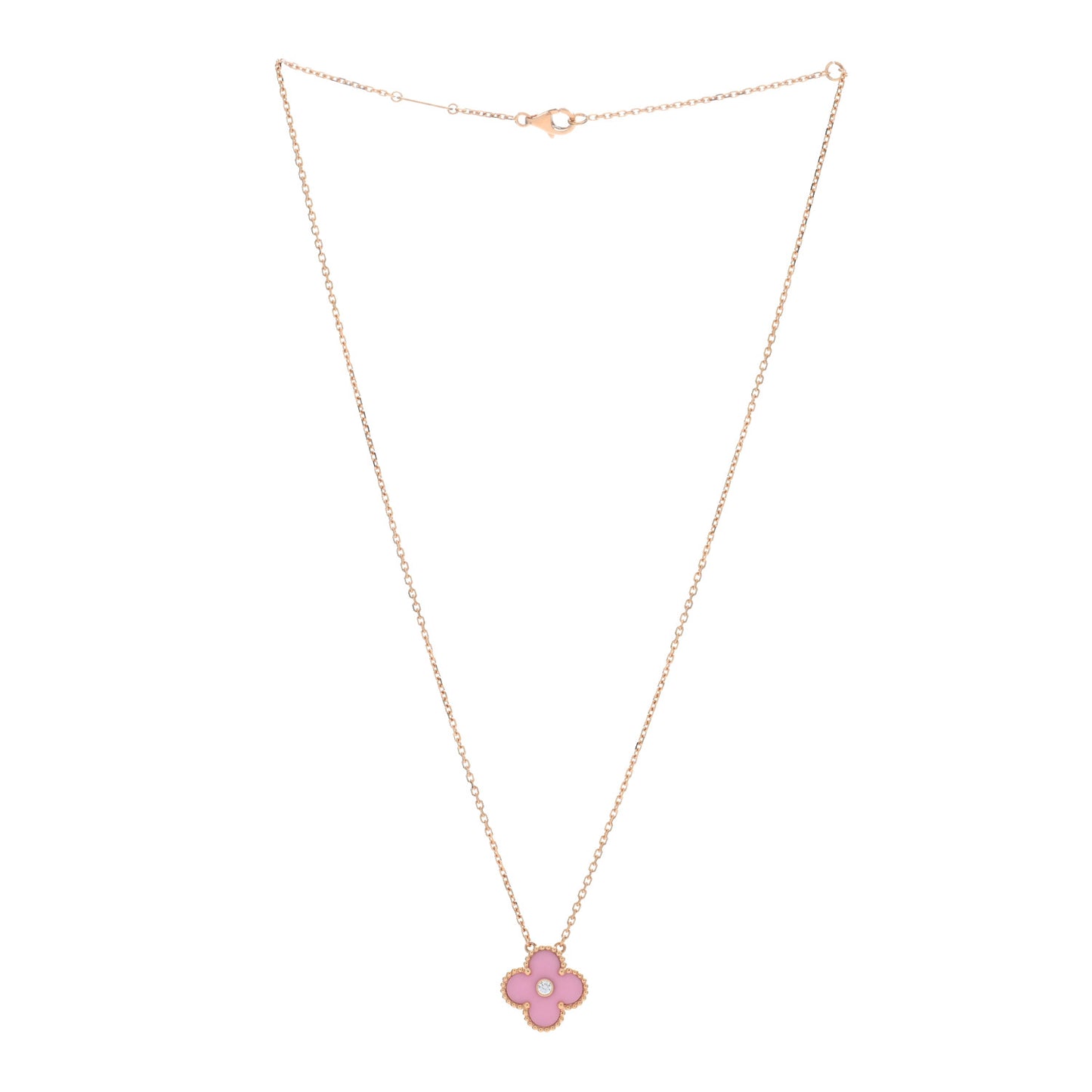 18K Rose Gold Diamond Pink Porcelain Vintage Alhambra Pendant Necklace