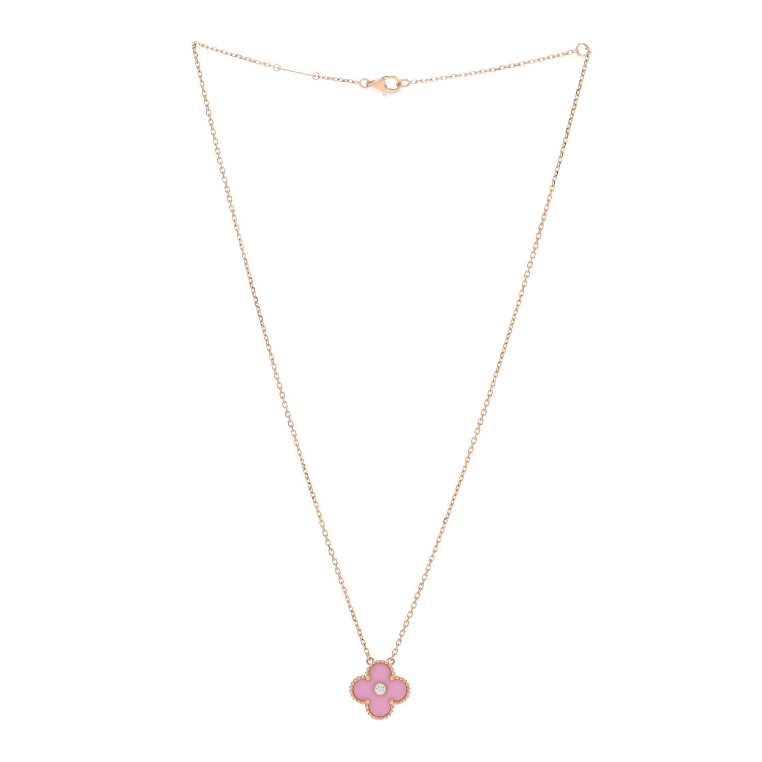Van Cleef & Arpels 18K Rose Gold Diamond Pink Porcelain Vintage Alhambra Pendant Necklace 2 of 5