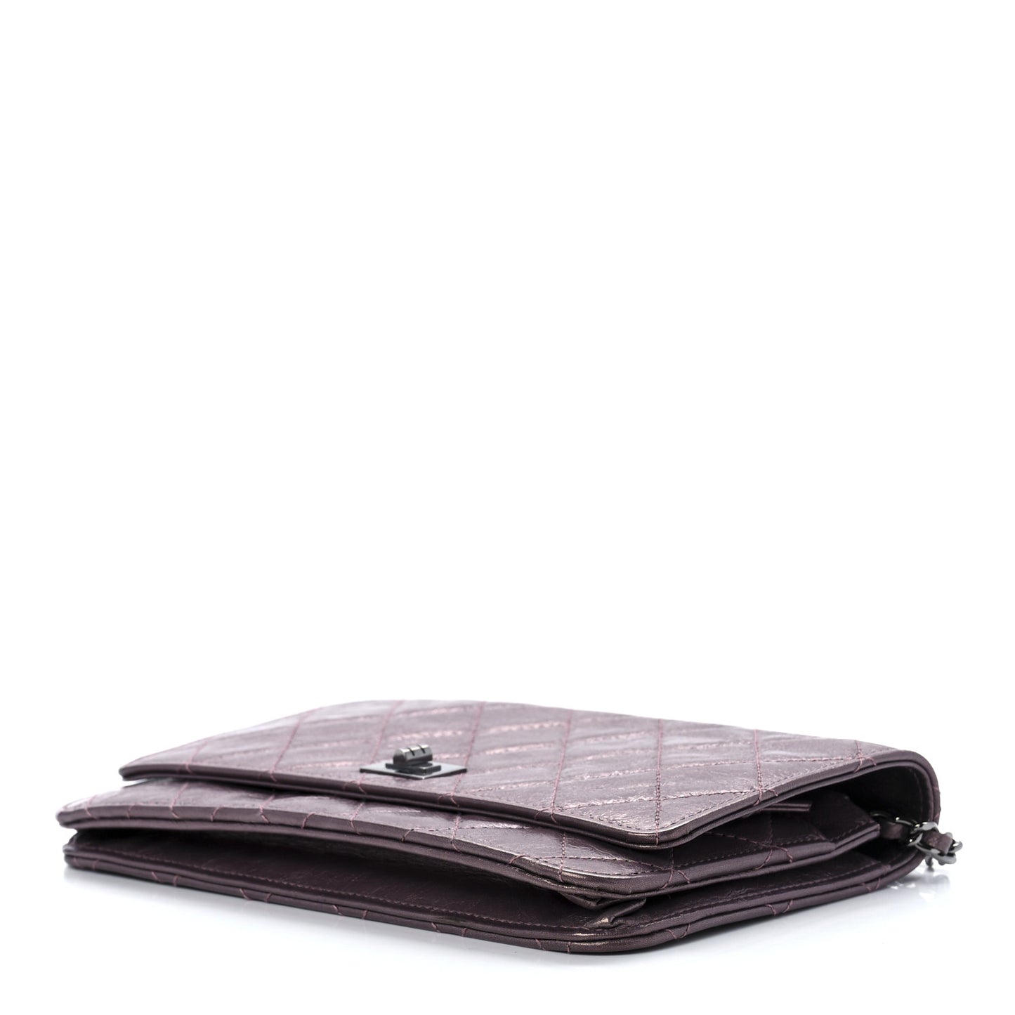 Metallic Aged Calfskin Quilted 2.55 Reissue Wallet on Chain WOC Purple