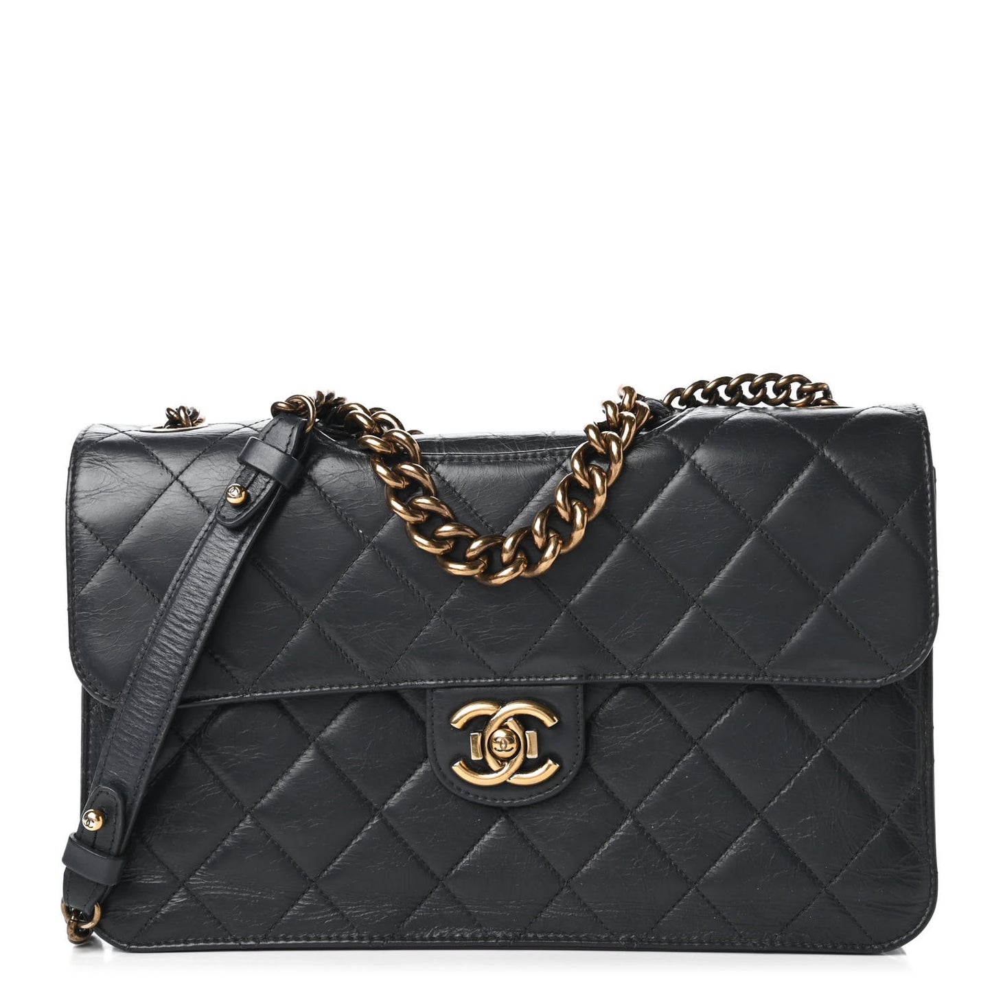 Glazed Calfskin Quilted Large Perfect Edge Flap Navy