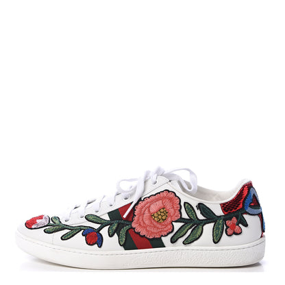 Gucci Calfskin Web Floral Embroidered Womens Ace Sneakers 38.5 White 1 of 9