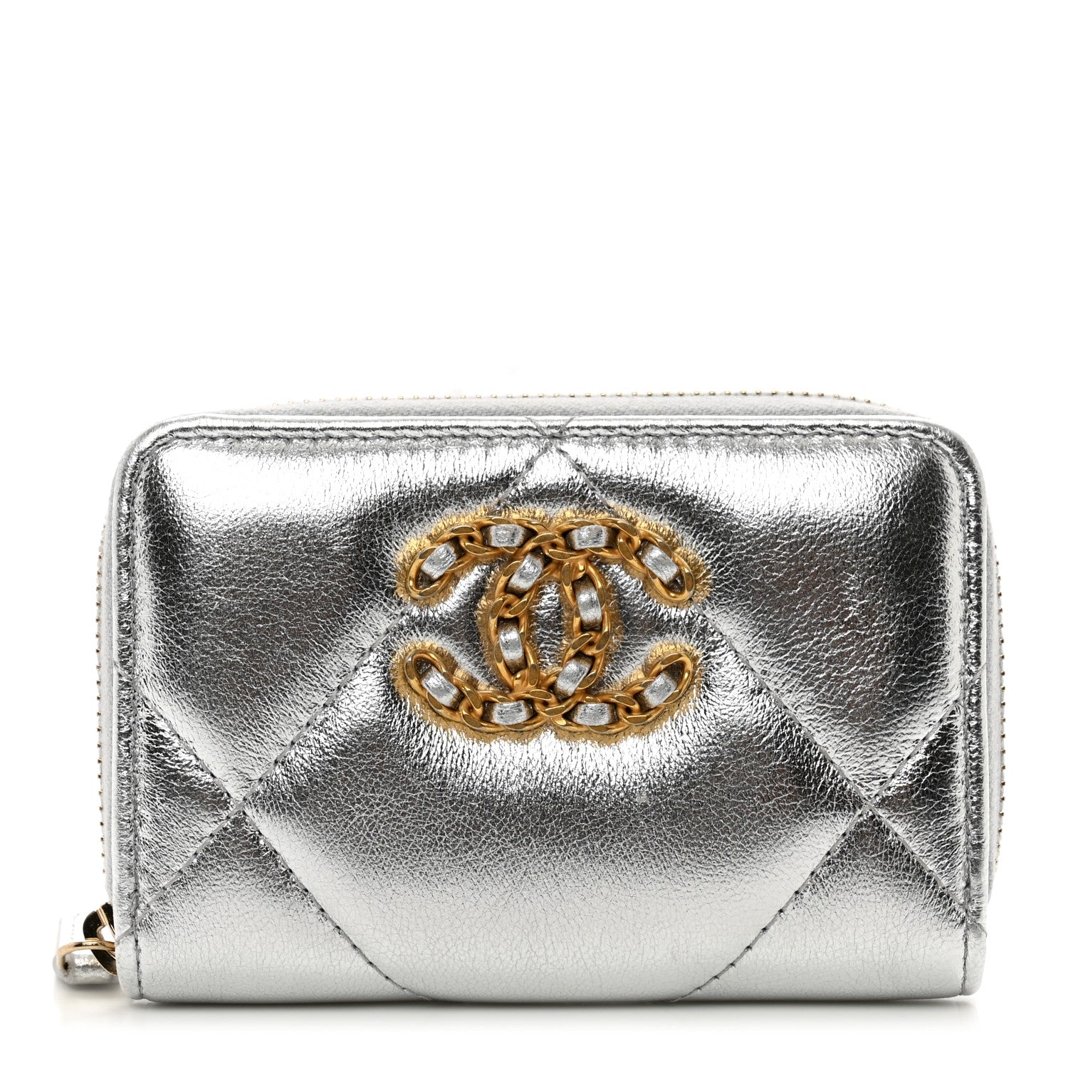 Chanel Metallic Lambskin Quilted Chanel 19 Zip Around Coin Purse Wallet Silver 1 of 8