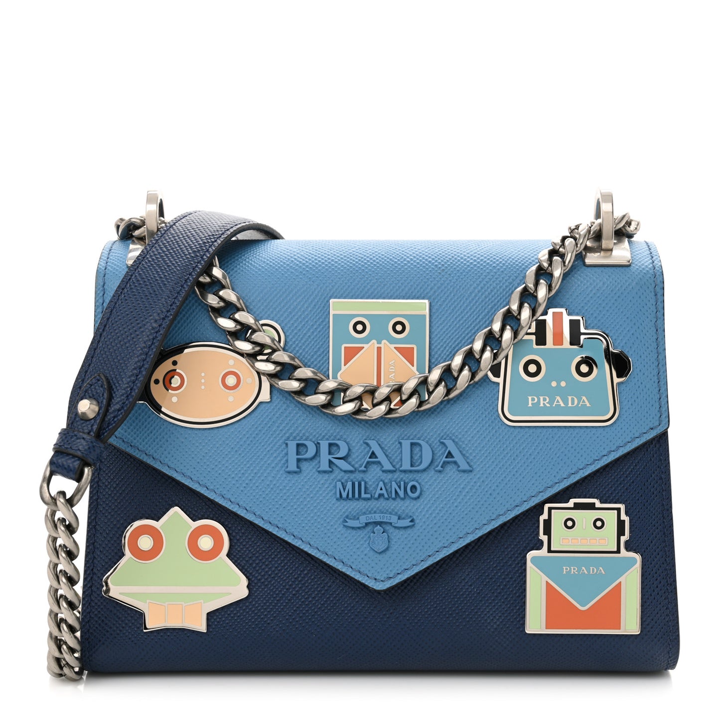 Saffiano Cuir Calfskin Monochrome Robot Patches Envelope Flap Chain Shoulder Bag Blue