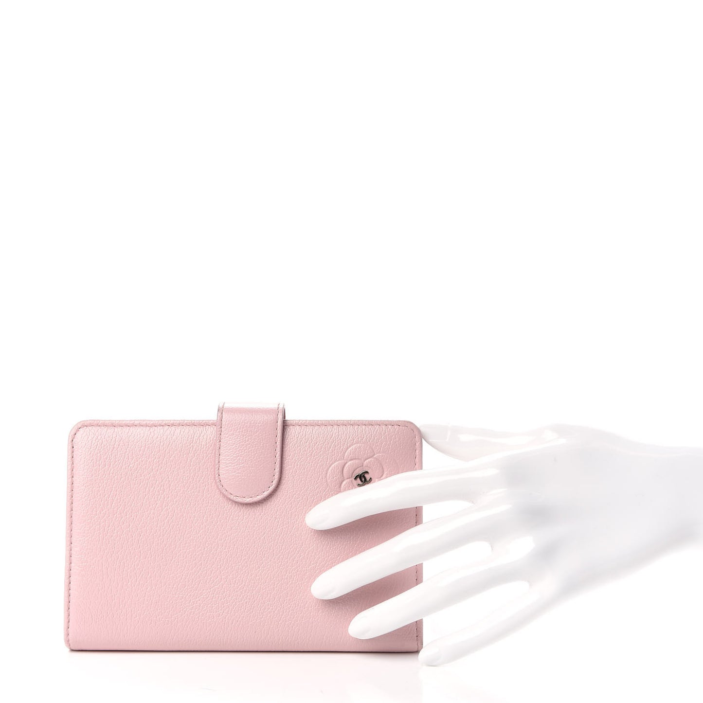 Goatskin Camellia Embossed French Flap Wallet Pink
