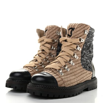 Chanel Tweed Corduroy Calfskin Quilted Lace Up Boots 35 Beige Black 3 of 9