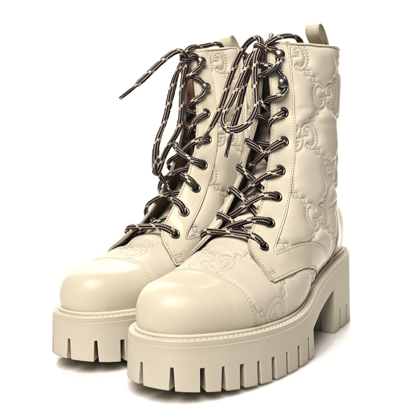 Cordovan Lux Nappa GG Matelasse Lace Up 60mm Combat Boots 38.5 Milk White