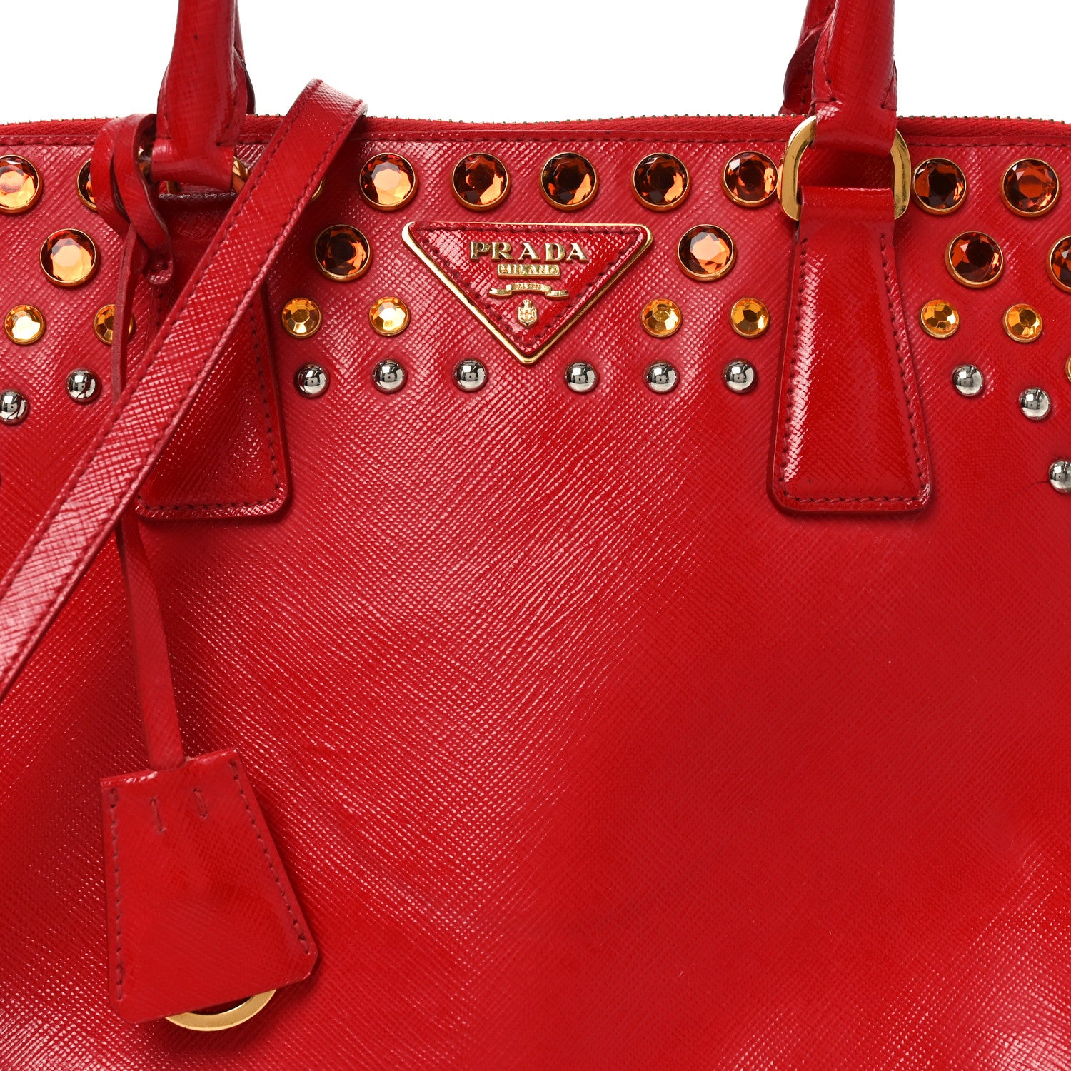 Prada Saffiano Vernice Crystal Pyramid Bag Rosso 7 of 9