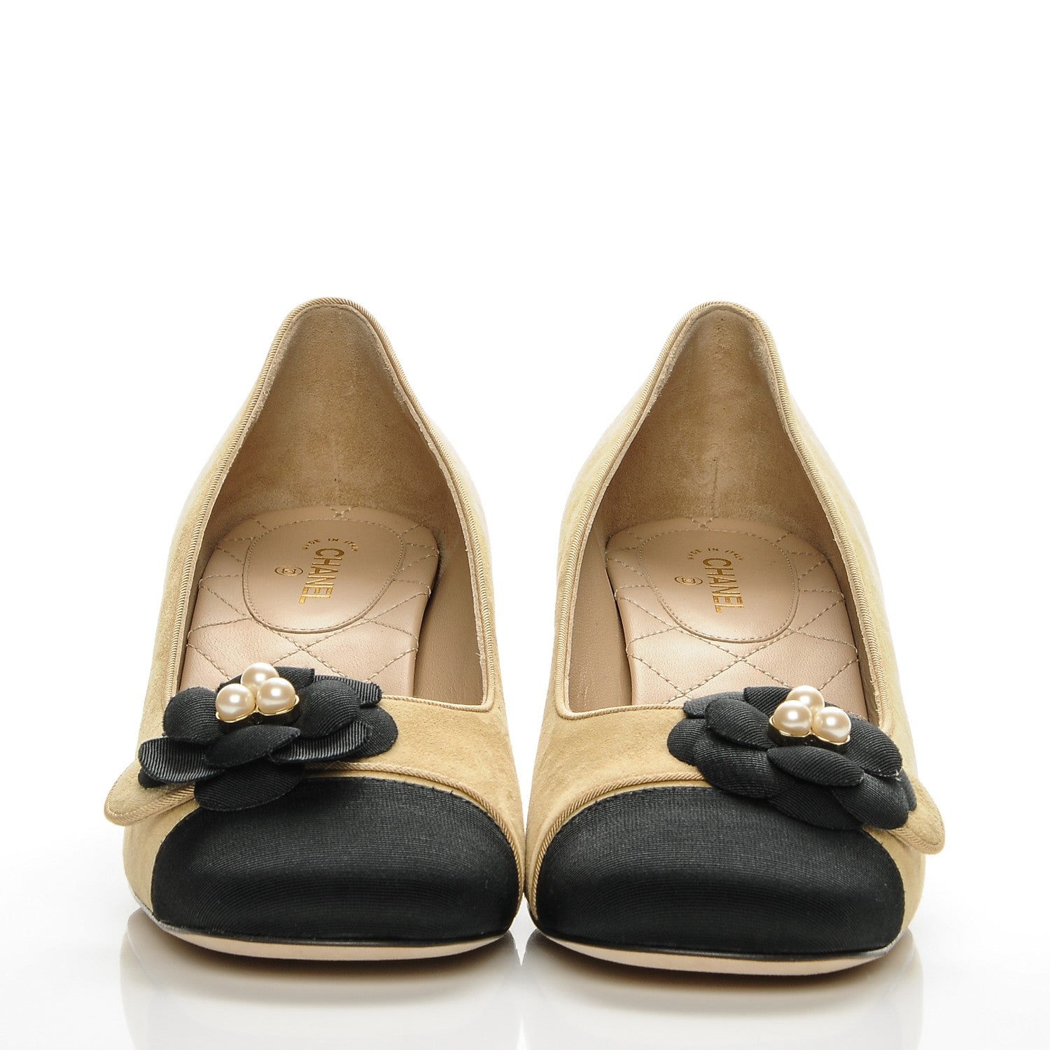 Chanel Suede Pearl Camellia Pumps 39.5 Beige Black 2 of 9