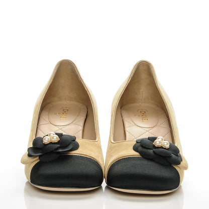 Chanel Suede Pearl Camellia Pumps 39.5 Beige Black 2 of 9