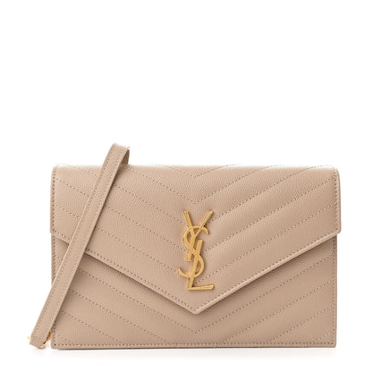 Saint Laurent Grain De Poudre Matelasse Chevron Monogram Envelope Chain Wallet Dark Beige 1 of 11