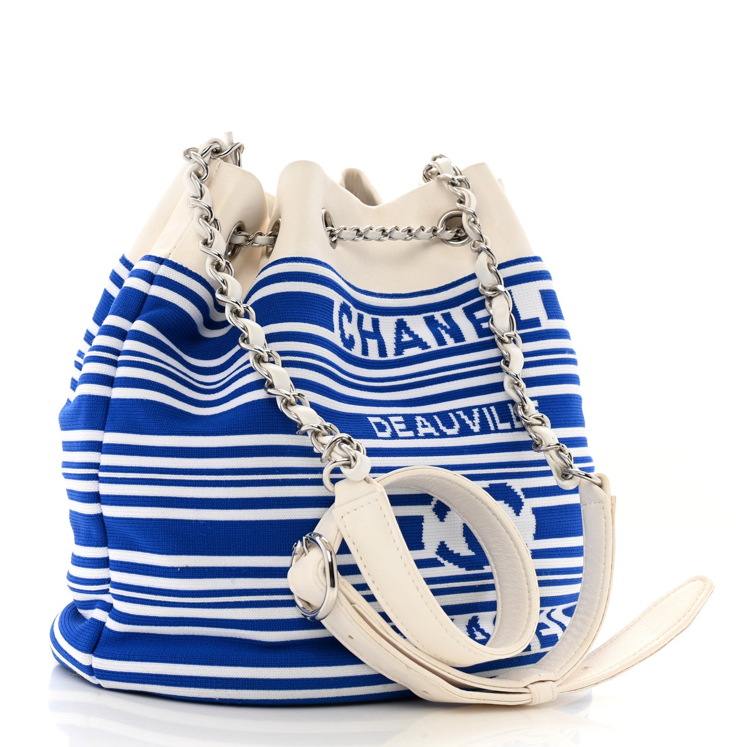 Chanel Mixed Fibers Lambskin Venise Biarritz Drawstring Bucket Bag Blue White 3 of 12