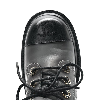 Chanel Shiny Lambskin Quilted Lace Up Combat Boots 36 Grey Black 10 of 11