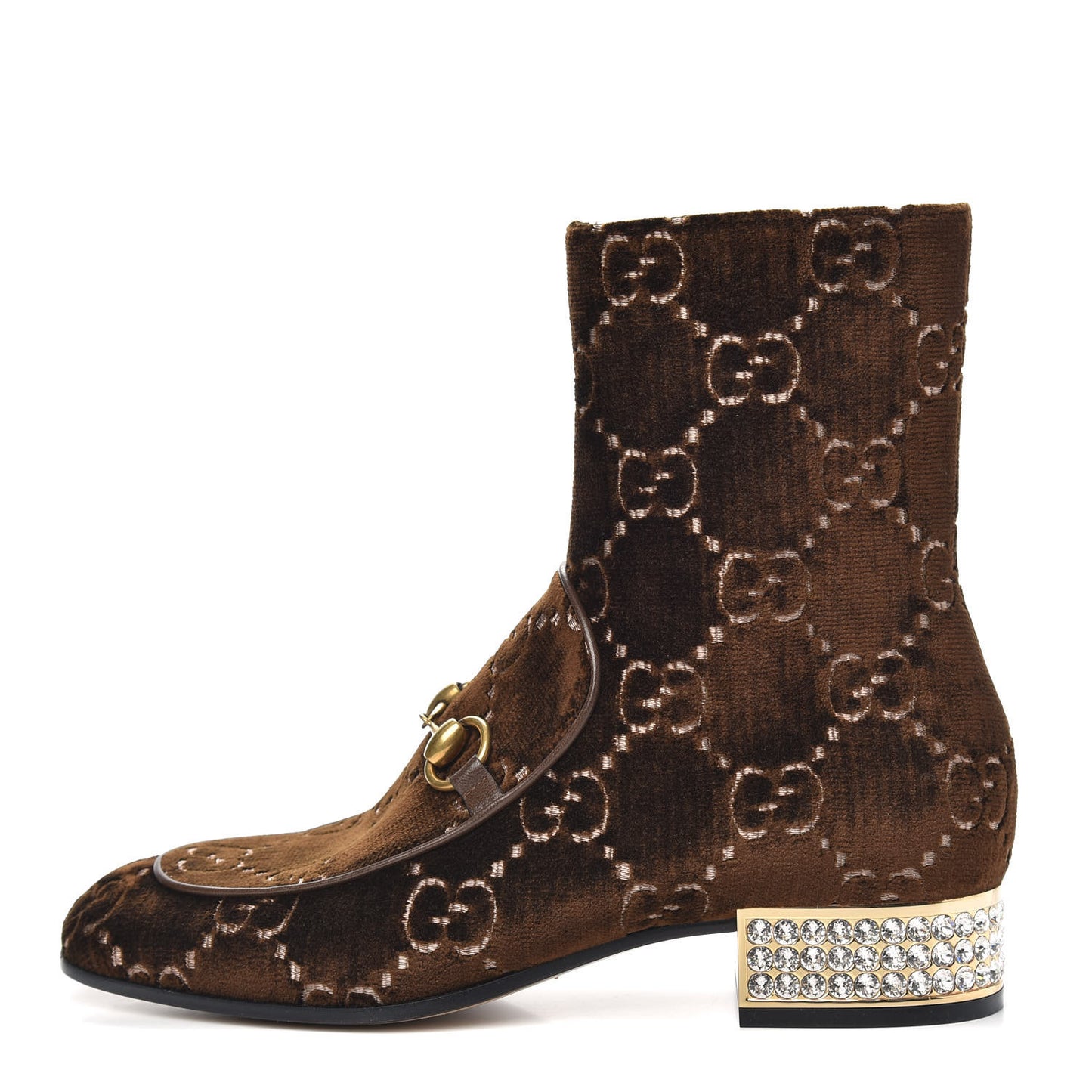 Velvet GG Monogram Crystal Horsebit Ankle Boots 37.5 Brown Vintage Cocoa