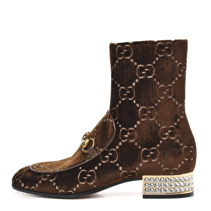 Gucci Velvet GG Monogram Crystal Horsebit Ankle Boots 37.5 Brown Vintage Cocoa 1 of 8
